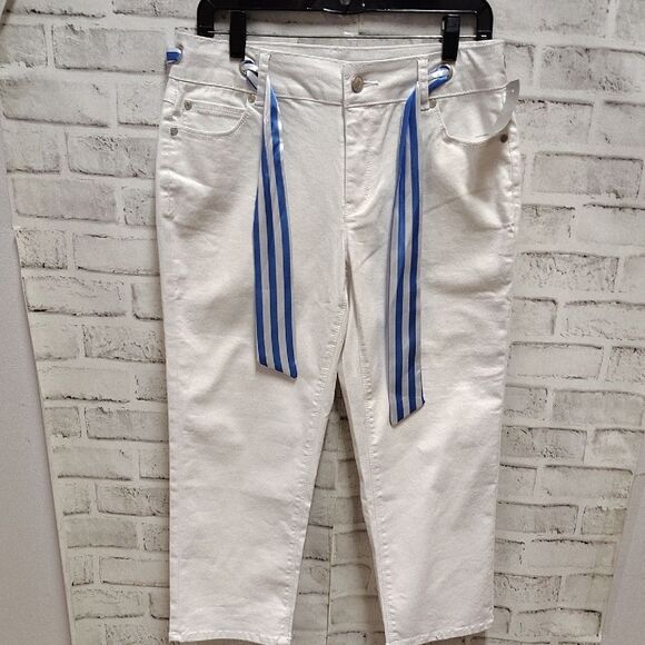 Denim&Co White Cropped Jeans with Blue Stripes - Picture 1 of 3